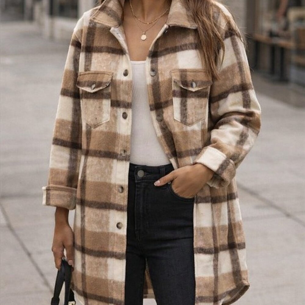 Joie size large Cream and Brown Plaid Teddy Jacket, long fitted, button up